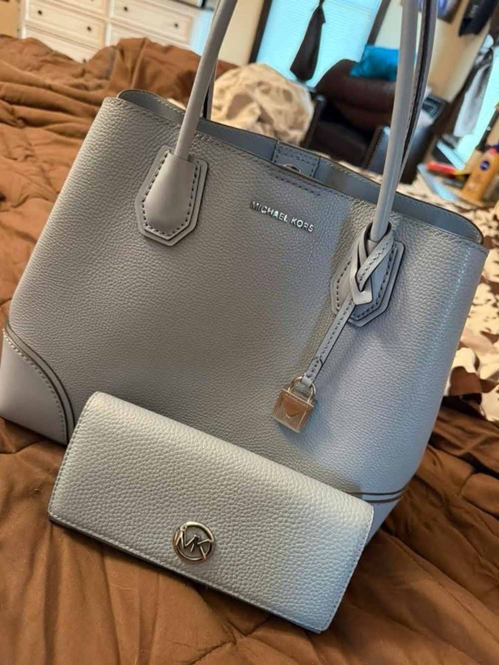 Michael Kors Pale Gray Leather Tote with Matching Wallet